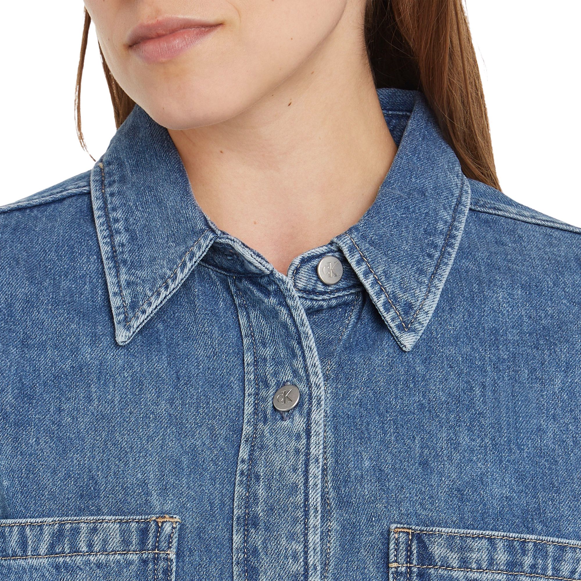 DESIGN - Denim mini overhemdjurk met zakken aan de voorkant in