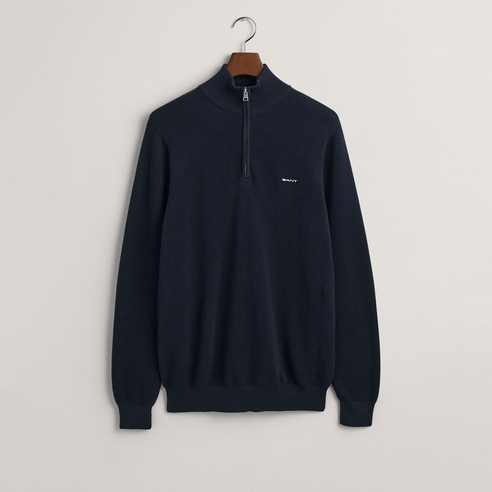 Gant trui blauw effen normale fit lamswol half zip | Schulte Herenmode