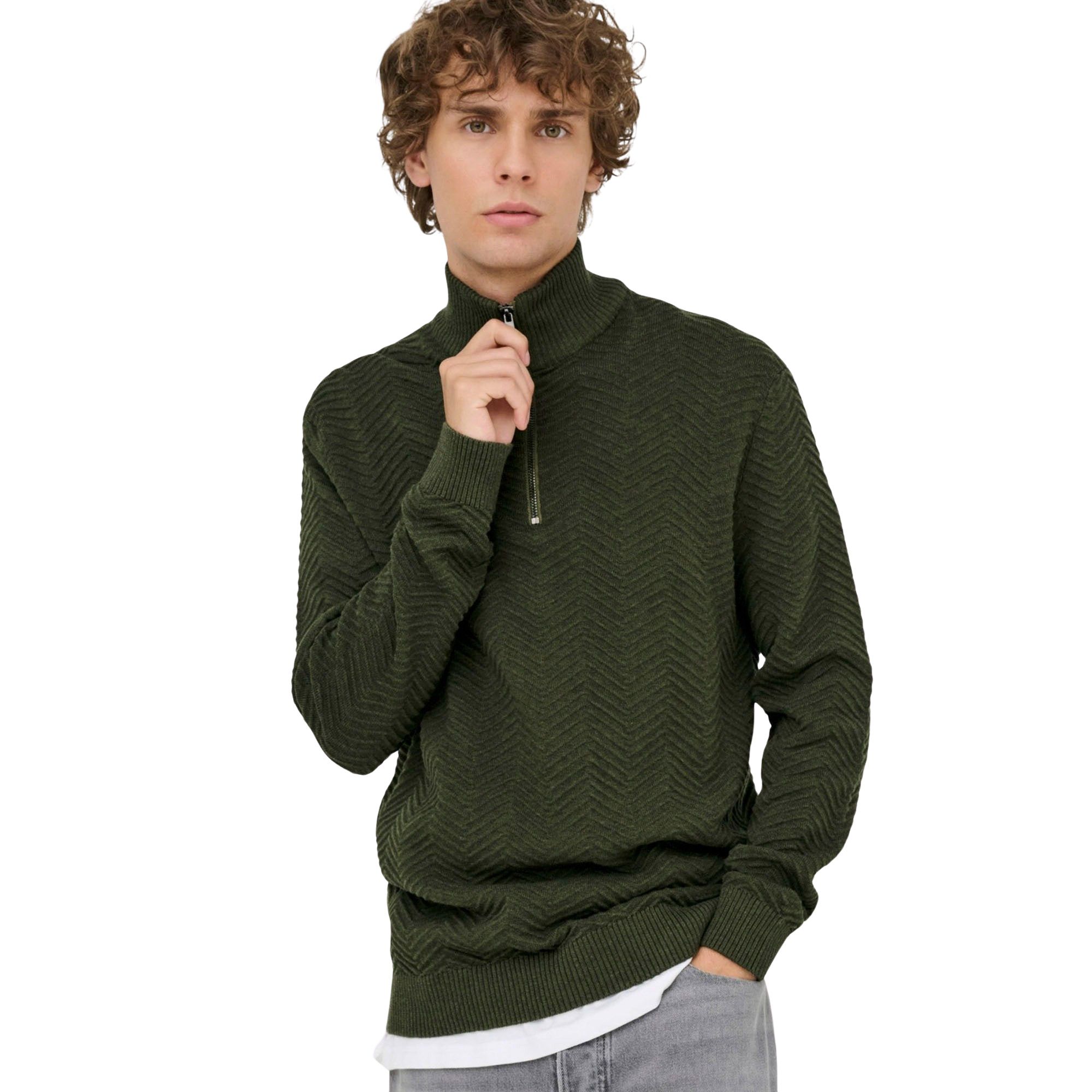 Only & Sons Mace Herringbone Knit Half Zip Sweater Heren