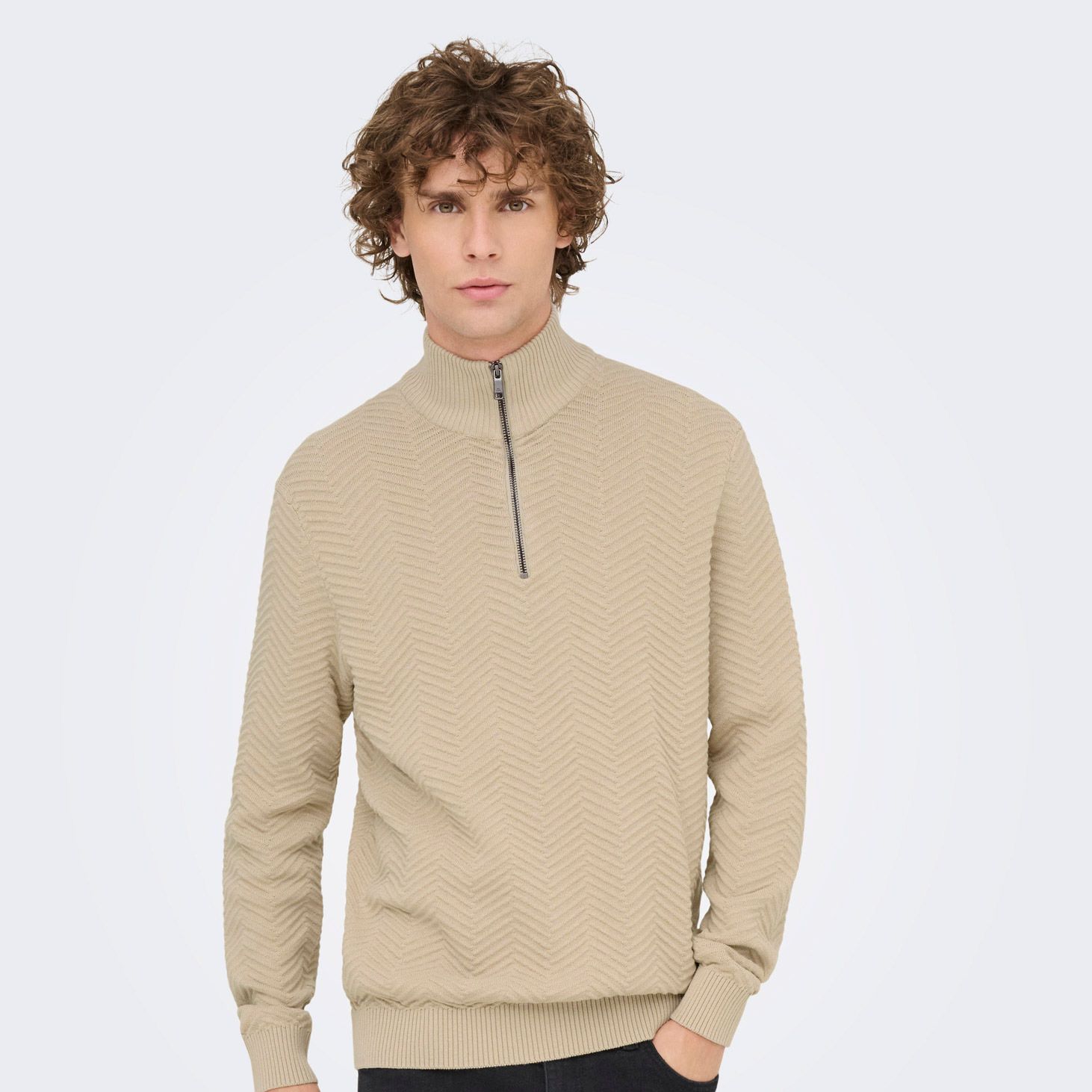Only & Sons Mace Herringbone Knit Half Zip Sweater Heren