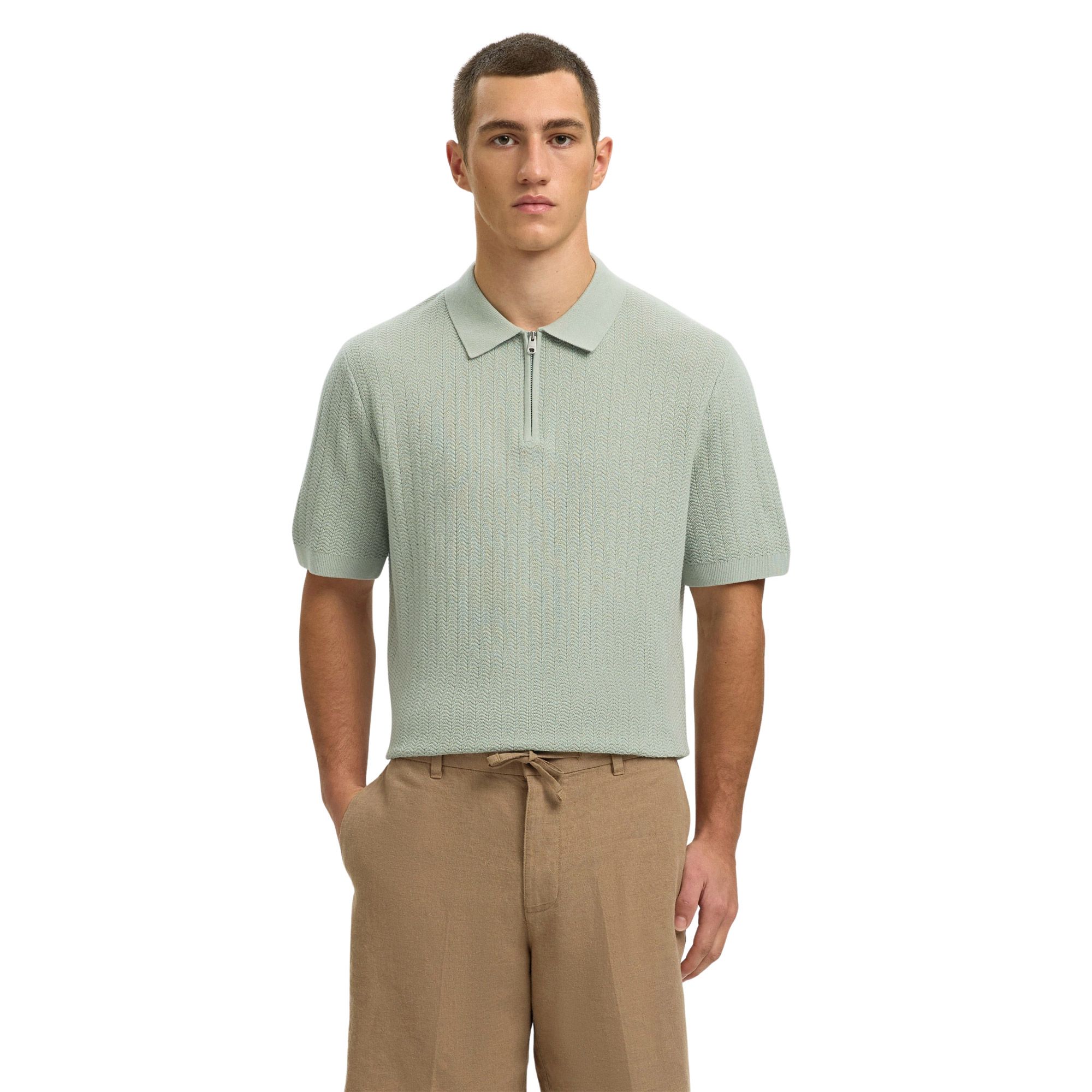 Selected Cran Knit Structure Zip Polo Heren