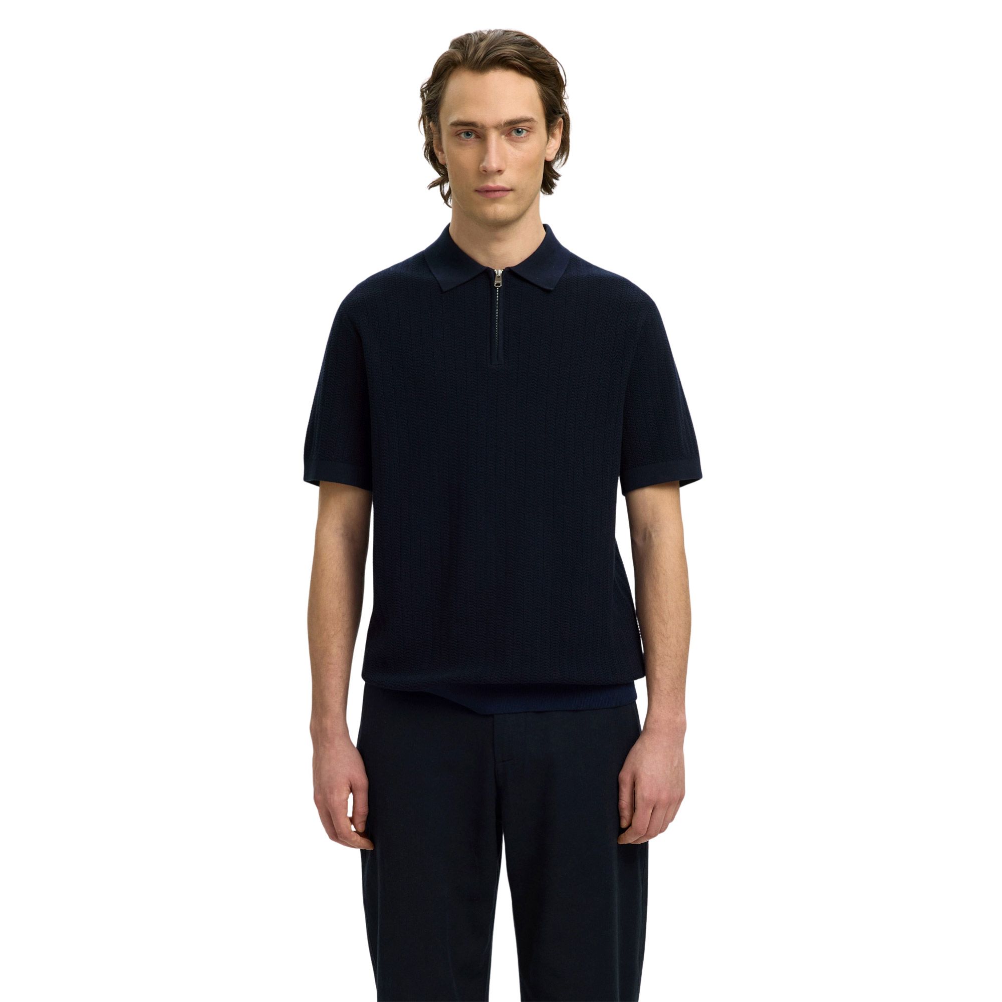 Selected Cran Knit Structure Zip Polo Heren