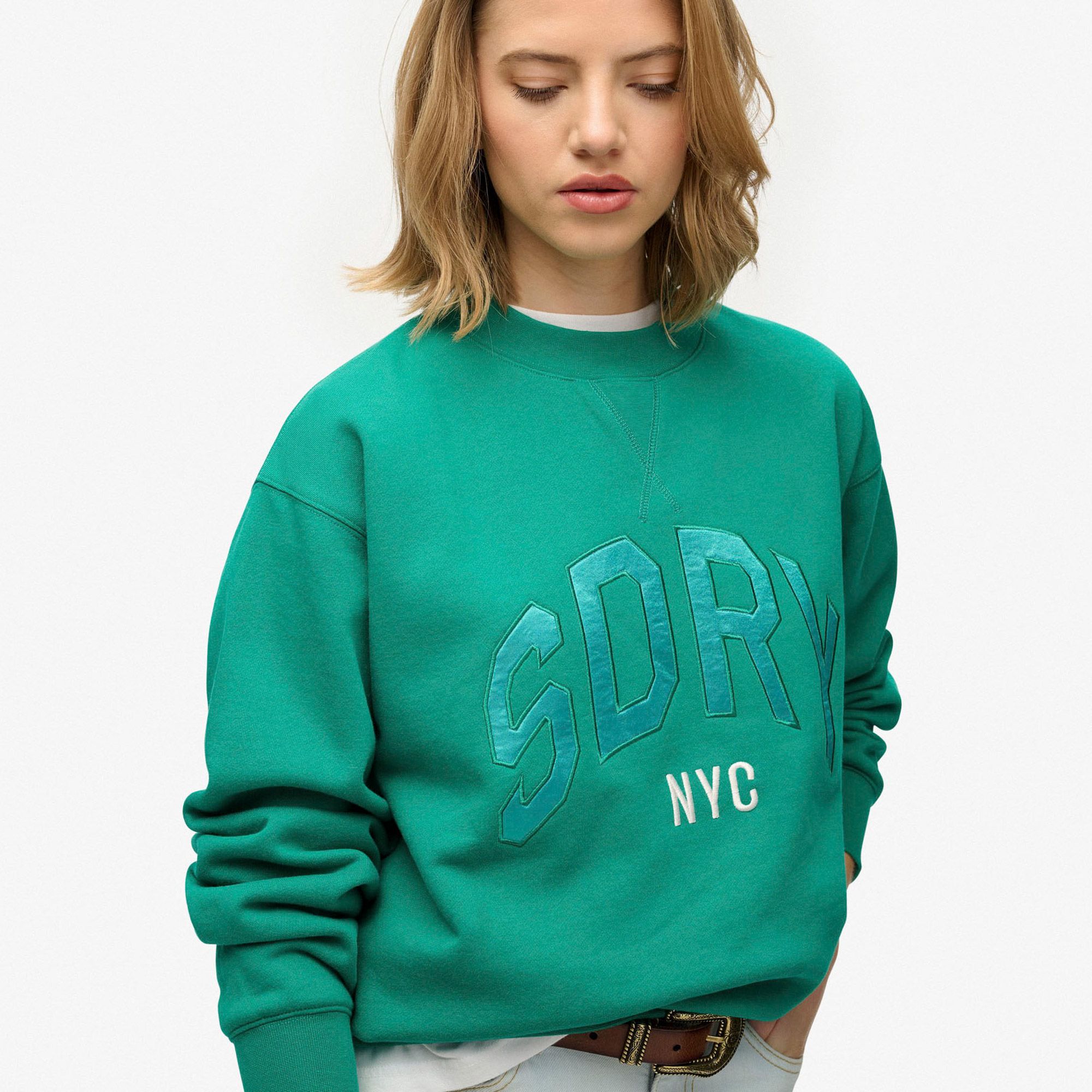 Superdry Varsity Satin Applique Crew Sweater Dames