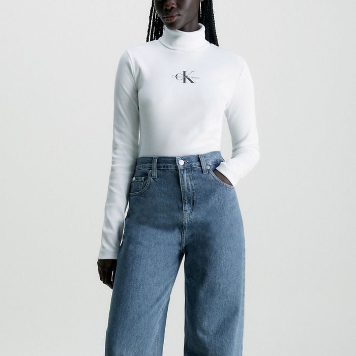 Calvin Klein Monologo Rib Roll Neck Langarm Shirt Damen | Plutosport