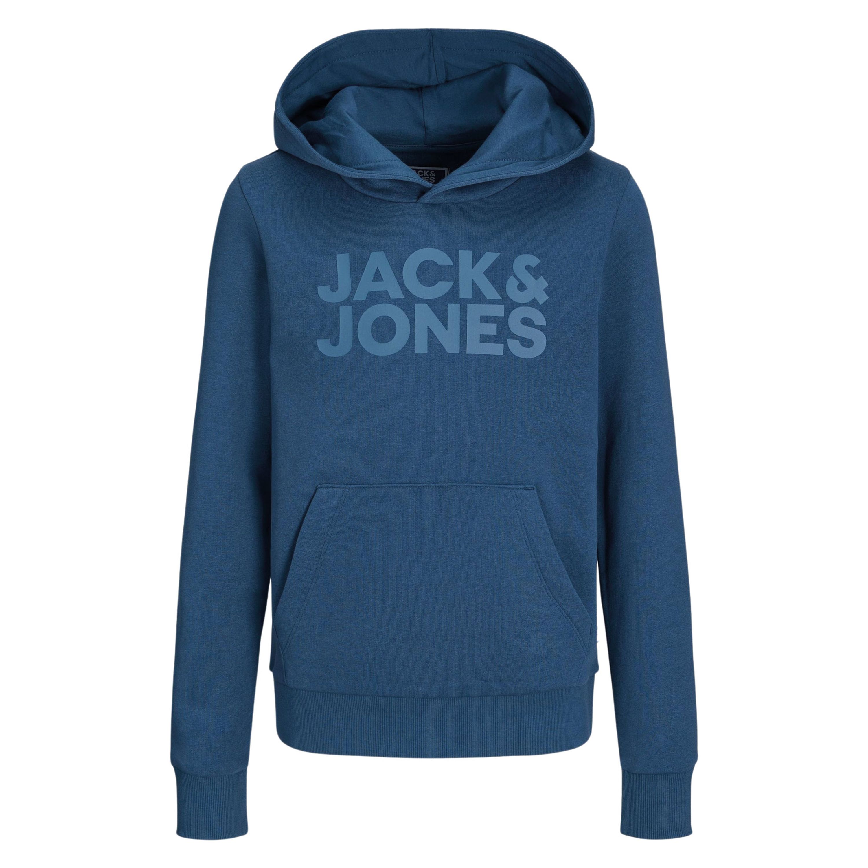 Jack & jones JUNIOR hoodie JJECORP met tekst petrol blauw Sweater Jongens Katoen Capuchon 176
