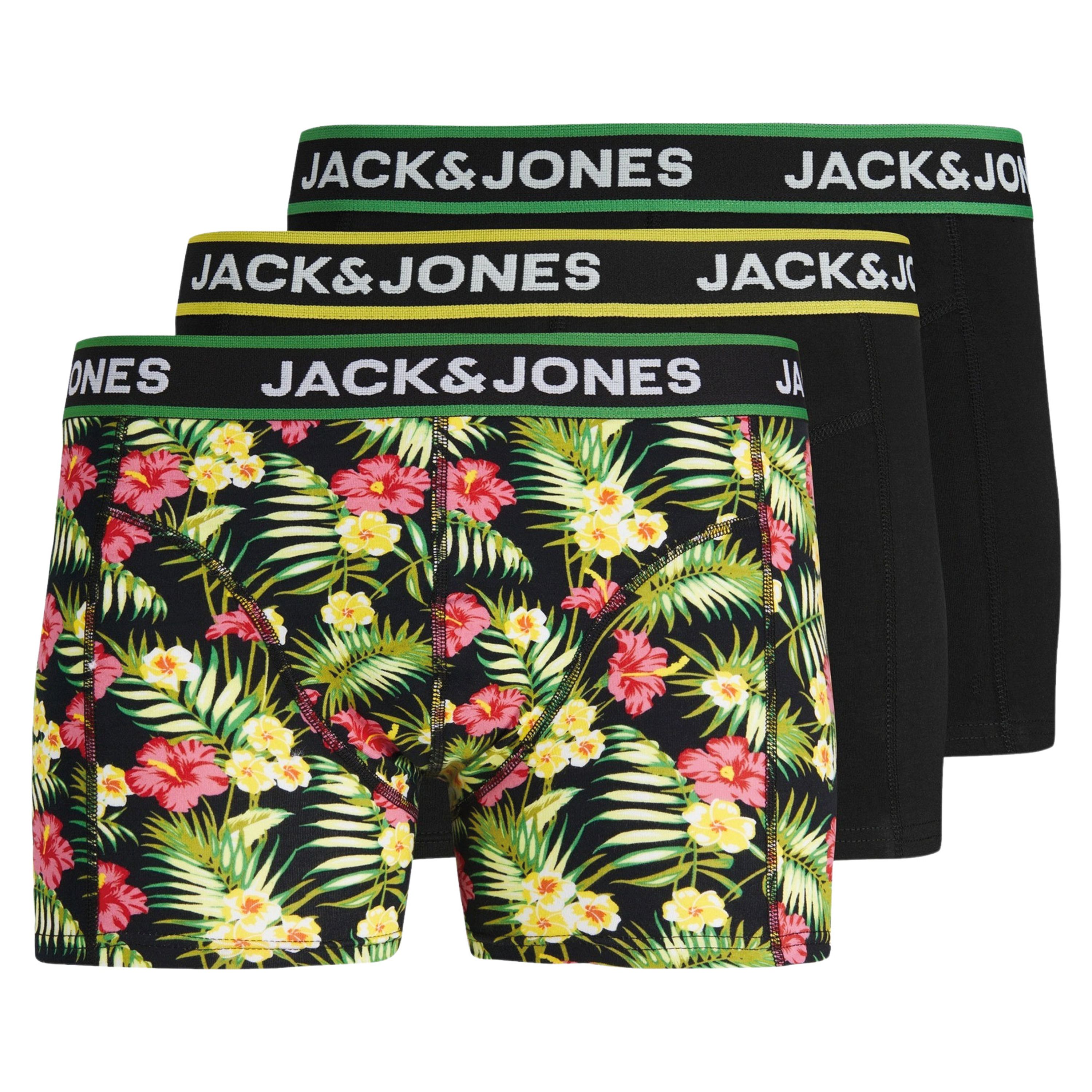 Jack & jones JUNIOR boxershort JACPINK FLOWERS set van 3 zwart groen geel Jongens Stretchkatoen 176