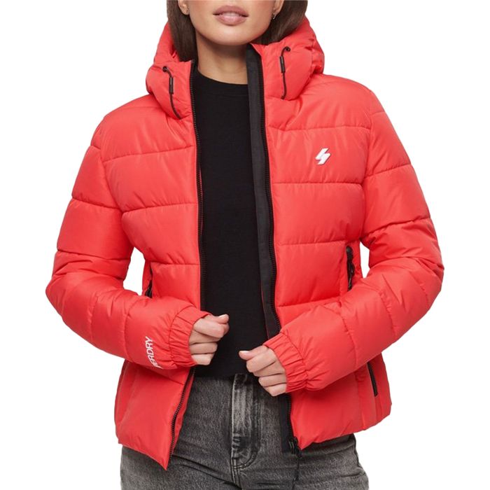 HOODED MICROFIBRE PADDED WOMEN'S RED JACKET