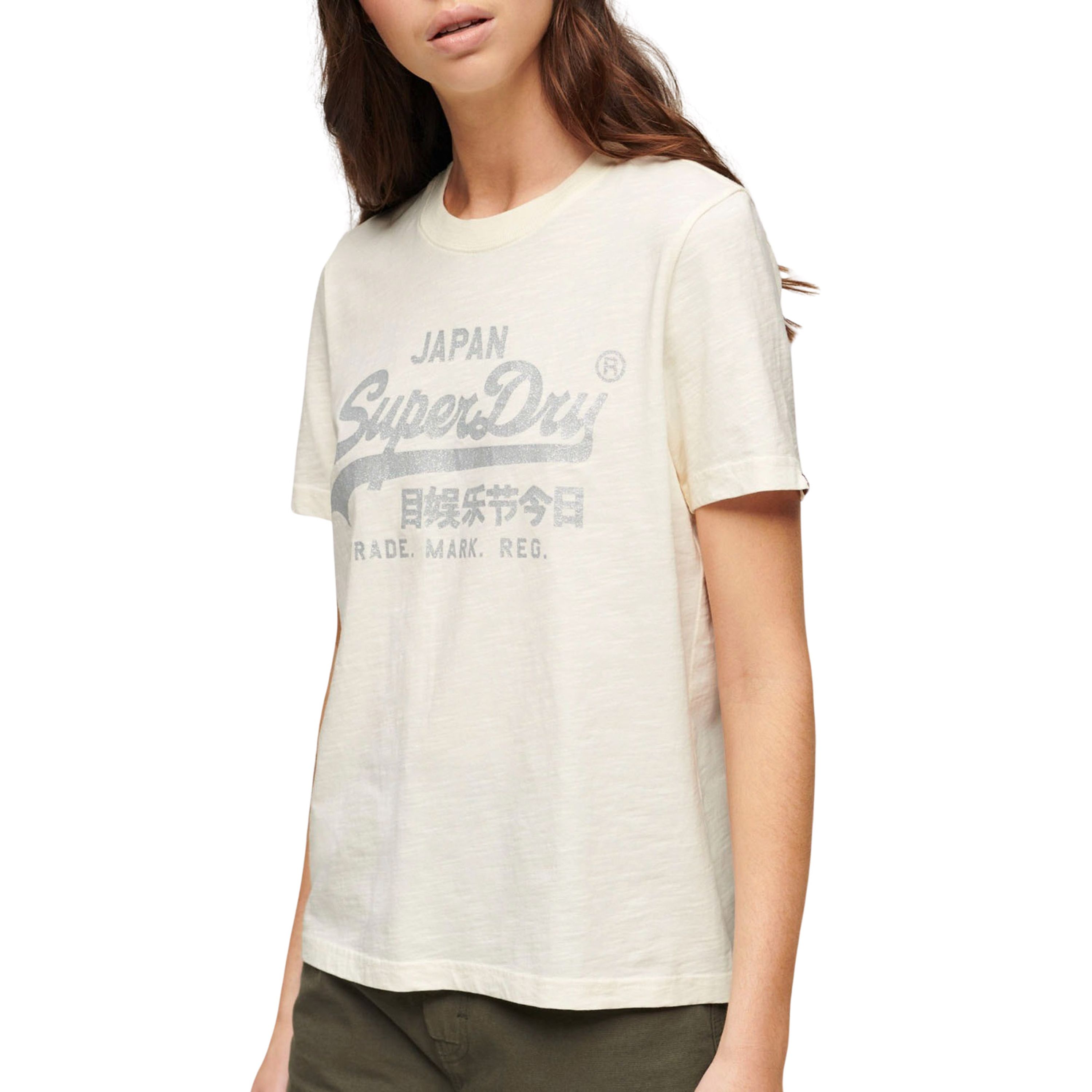 Superdry T-shirt METALLIC VL RELAXED T SHIRT met tekst beige